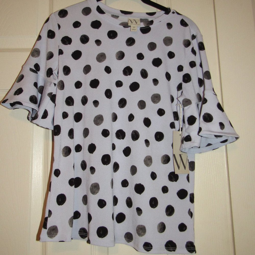 NWT Worthington XS Pale Lavendar Stretchy Black Polka Dot Top w/Flouncy Sleeves